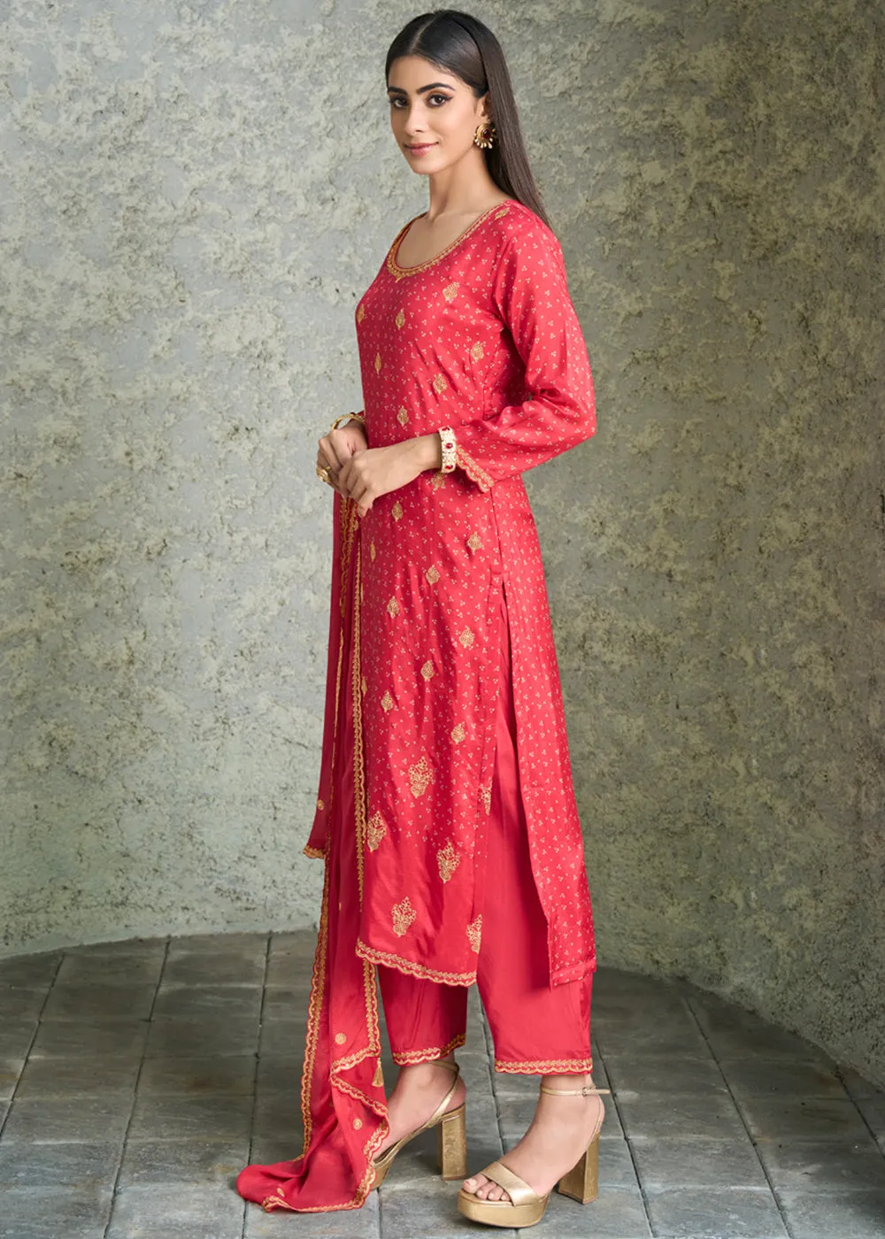 Fiery Red-Pink Dola Silk Suit with Bandhani Print and Zari work