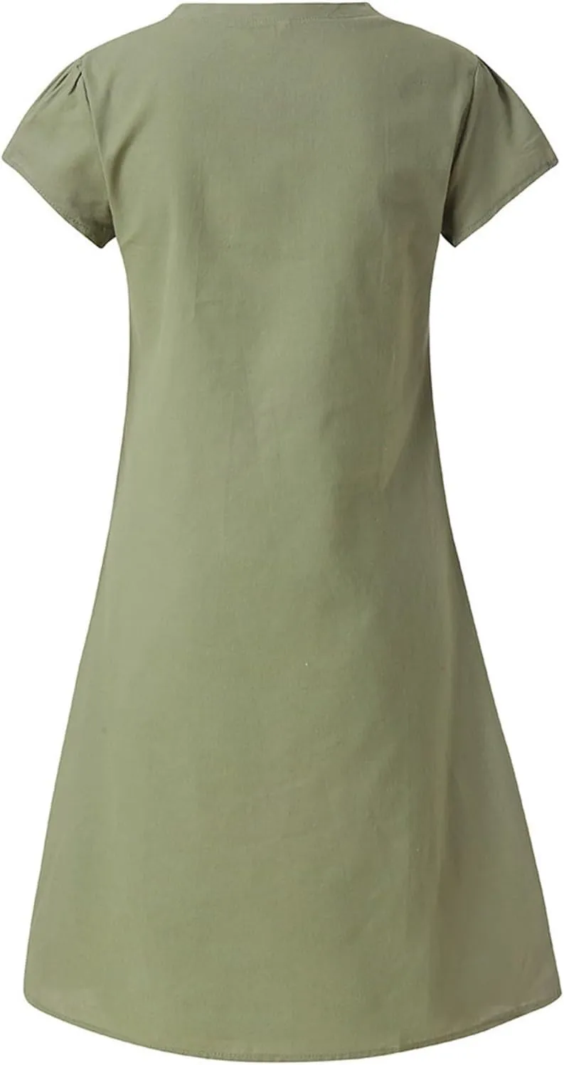 hlysgo Mini Dress for Women 2025 Summer Loose Comfy Cotton Linen Beach Dresses Plus Size Short Sleeve V Neck Casual Dress