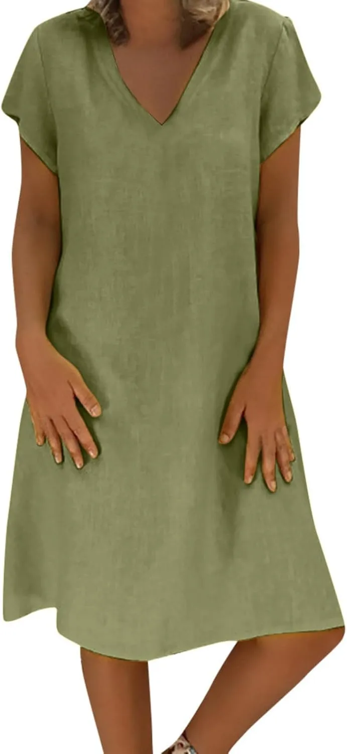 hlysgo Mini Dress for Women 2025 Summer Loose Comfy Cotton Linen Beach Dresses Plus Size Short Sleeve V Neck Casual Dress