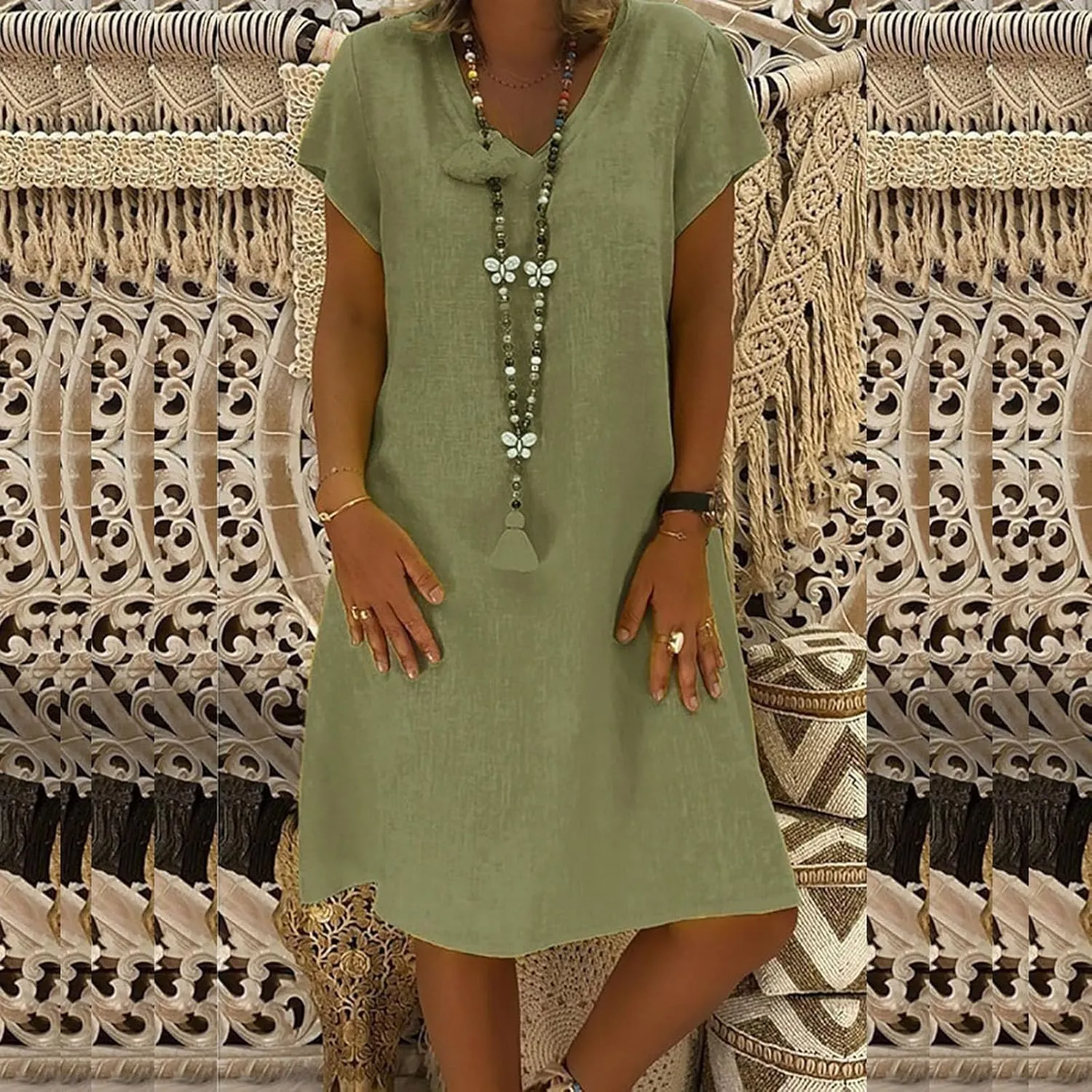 hlysgo Mini Dress for Women 2025 Summer Loose Comfy Cotton Linen Beach Dresses Plus Size Short Sleeve V Neck Casual Dress