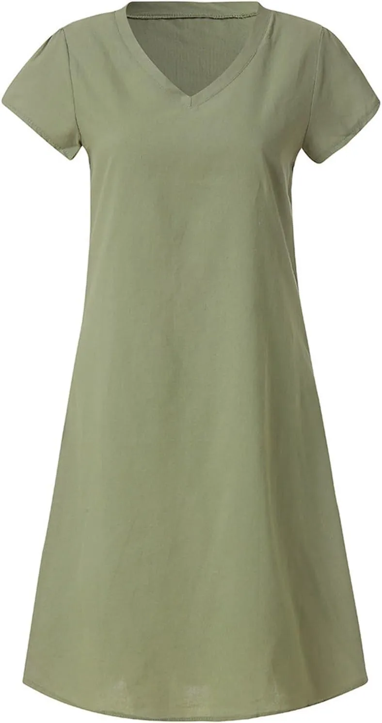 hlysgo Mini Dress for Women 2025 Summer Loose Comfy Cotton Linen Beach Dresses Plus Size Short Sleeve V Neck Casual Dress