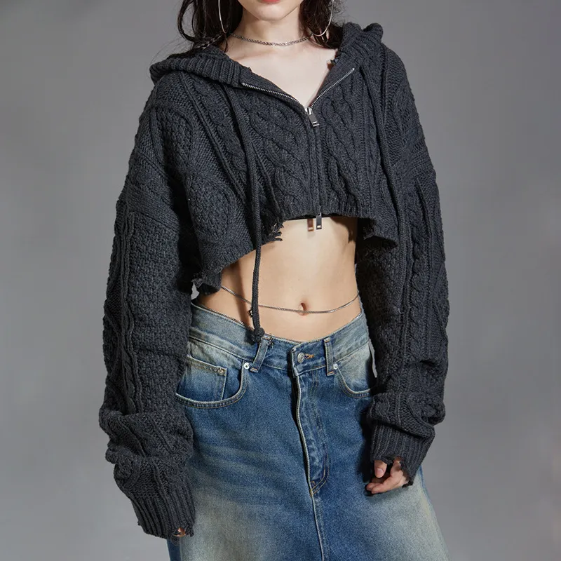 Hooded Destroyed Zip Up Knit Cardigan