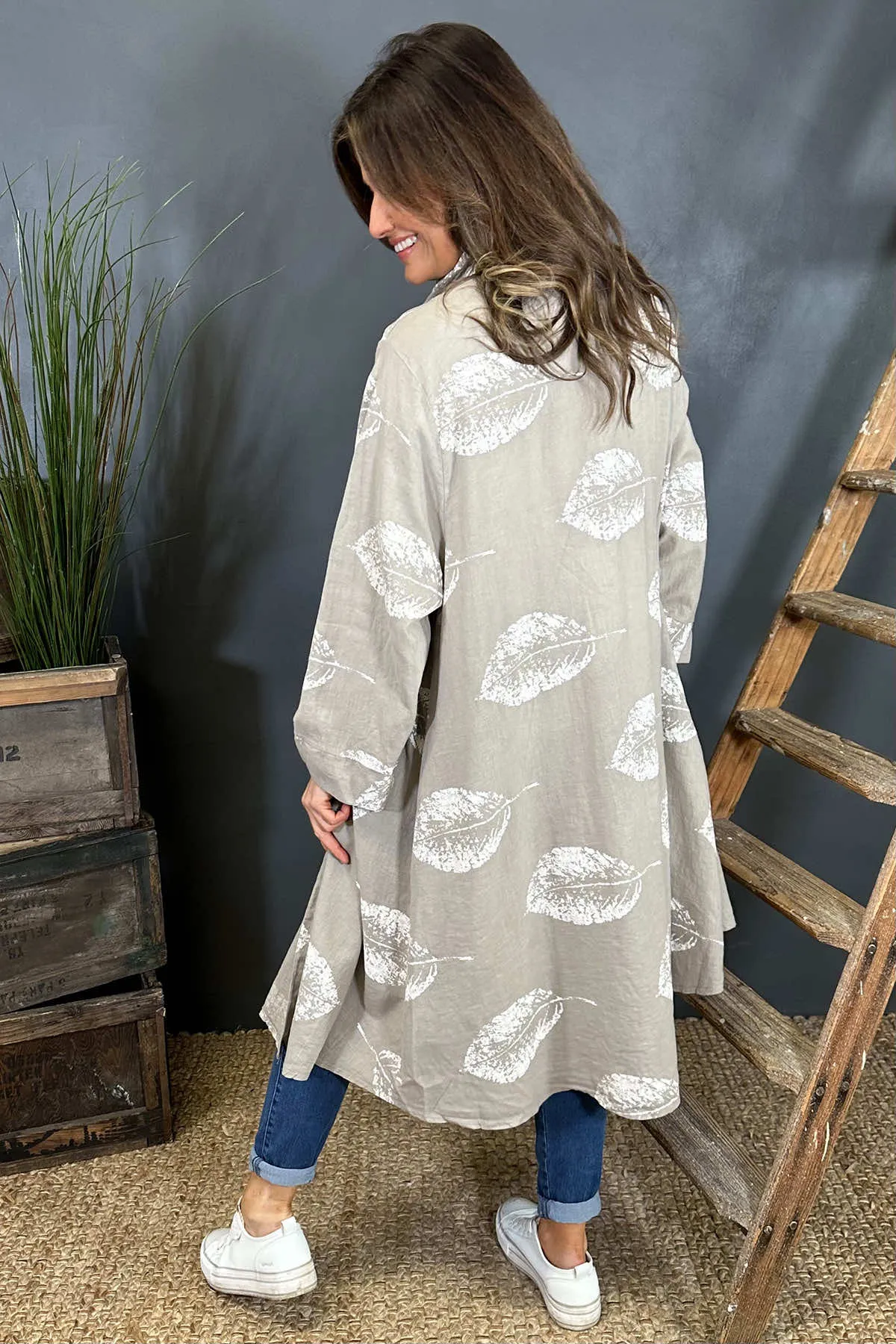 Irene Print Button Linen Tunic Mocha
