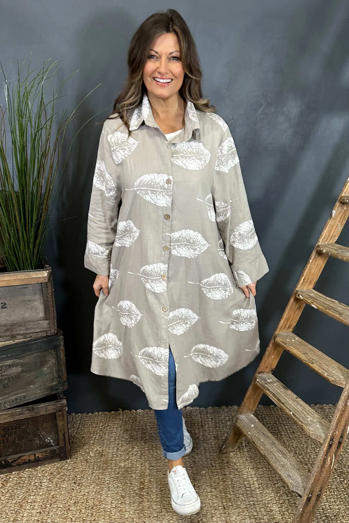 Irene Print Button Linen Tunic Mocha