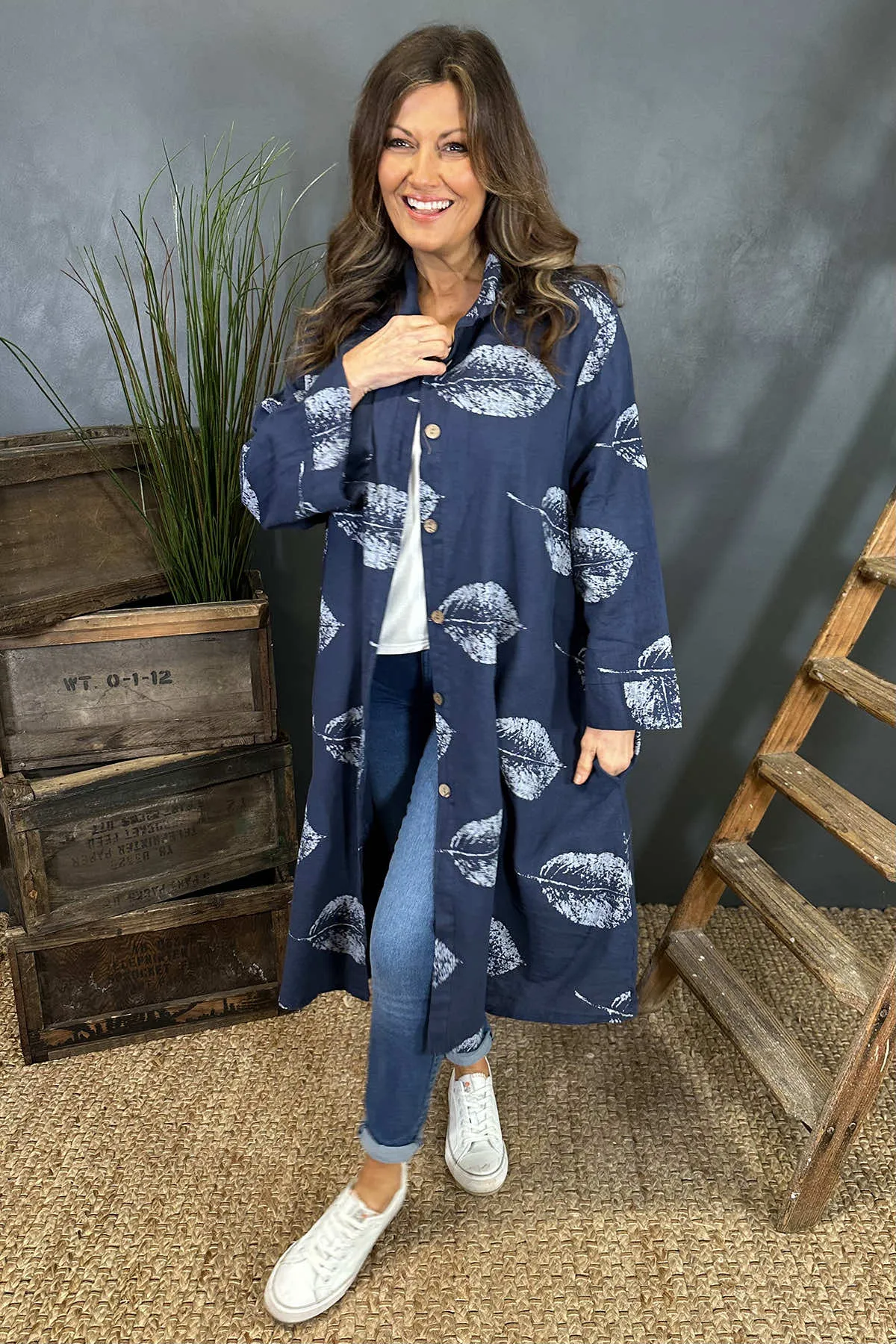 Irene Print Button Linen Tunic Navy
