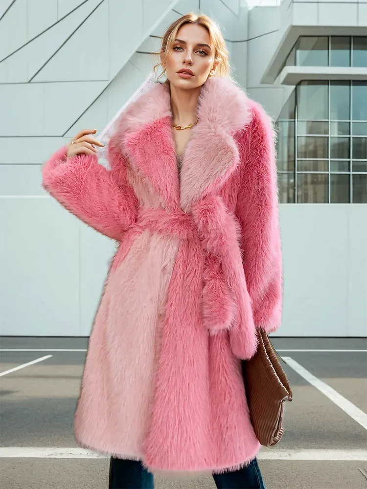 Lapel Loose Contrast Colour Sashes Long Sleeve Thick Warm Faux Fur Coat