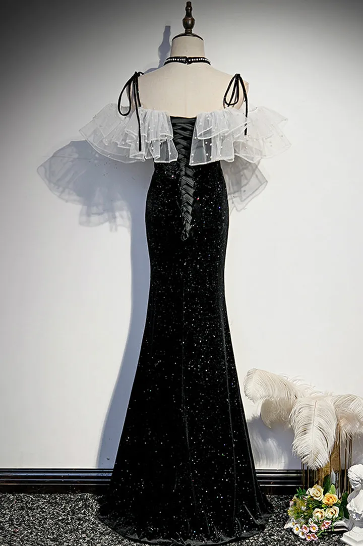 Luolandi Black Velvet Long Prom Dresses Mermaid Evening Dresses Sparkly Without Neck accessories