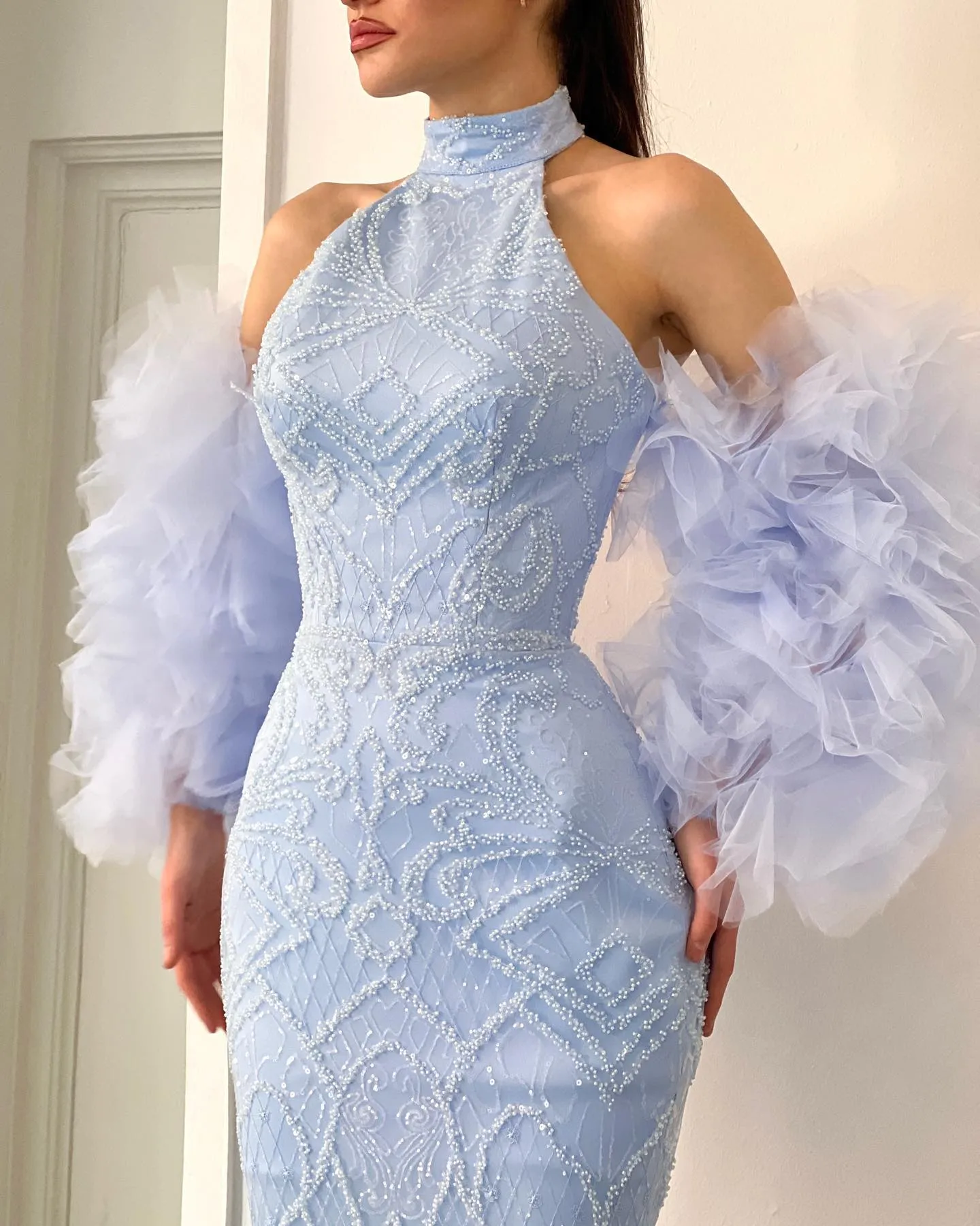 Mermaid High Neck African Long Prom Dress Light Sky Blue Beaded Pageant Dress Evening Dress #POL126