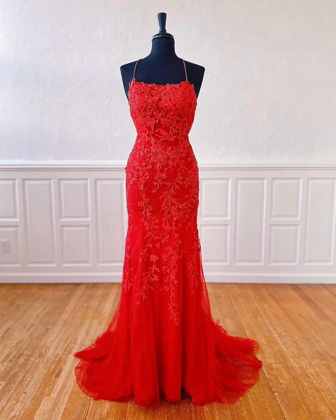 Mermaid Spaghetti Straps Prom Dresses Lilac Long Prom Dress Lace Evening Dress SED100