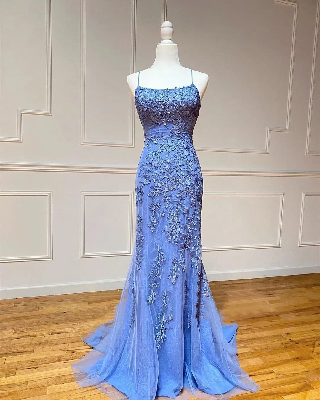 Mermaid Spaghetti Straps Prom Dresses Lilac Long Prom Dress Lace Evening Dress SED100