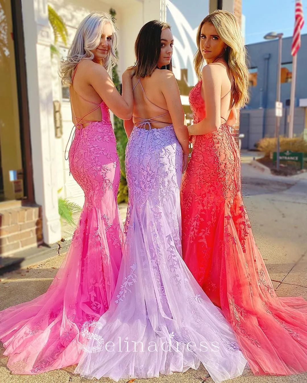 Mermaid Spaghetti Straps Prom Dresses Lilac Long Prom Dress Lace Evening Dress SED100