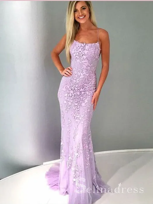 Mermaid Spaghetti Straps Prom Dresses Lilac Long Prom Dress Lace Evening Dress SED100