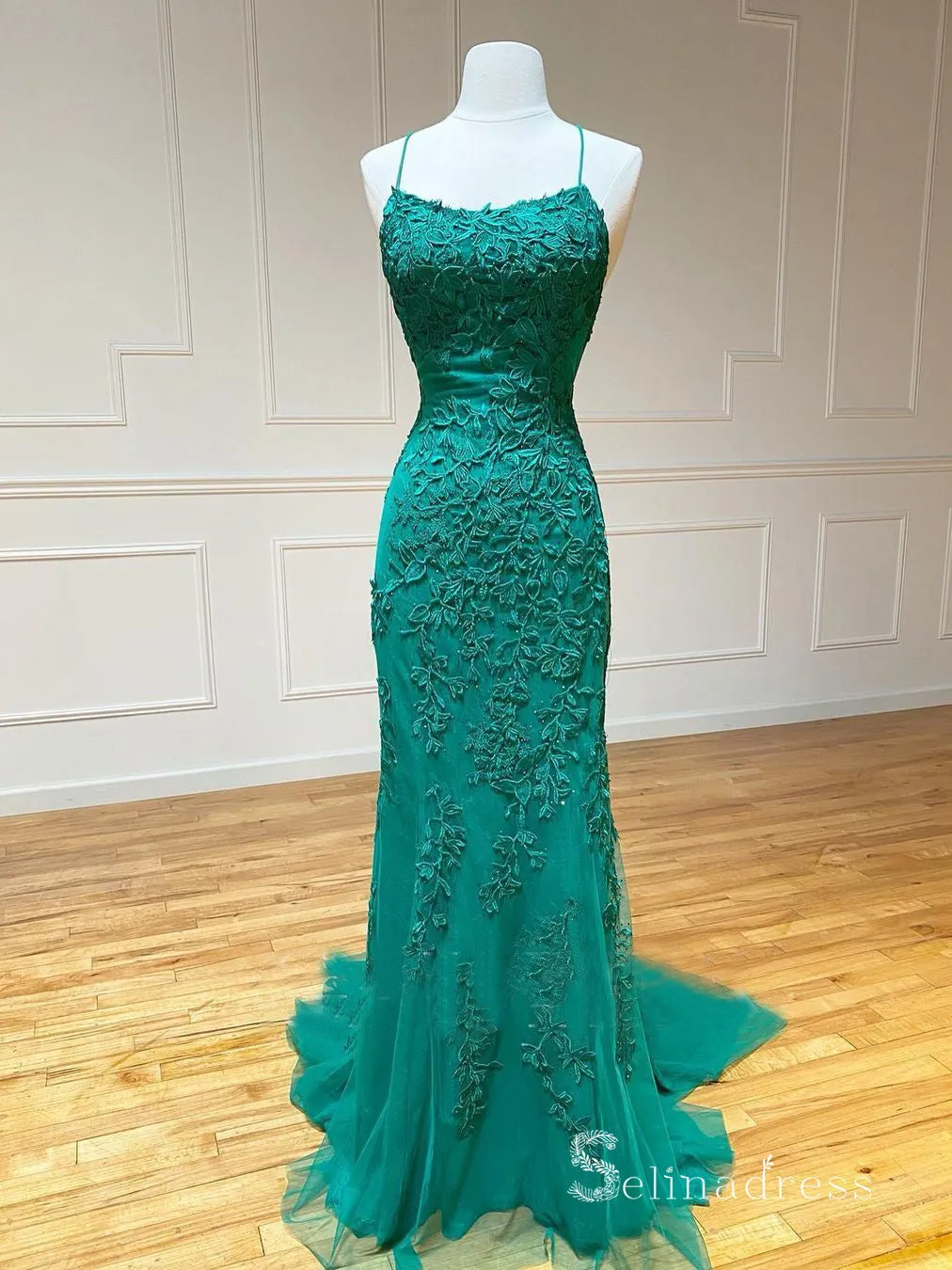 Mermaid Spaghetti Straps Prom Dresses Lilac Long Prom Dress Lace Evening Dress SED100
