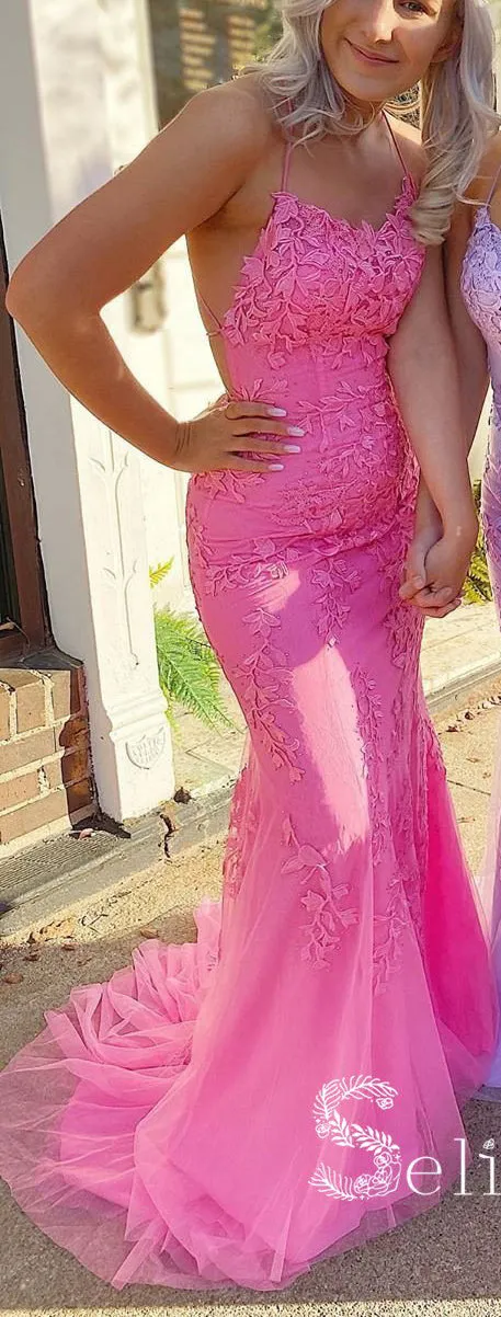 Mermaid Spaghetti Straps Prom Dresses Lilac Long Prom Dress Lace Evening Dress SED100