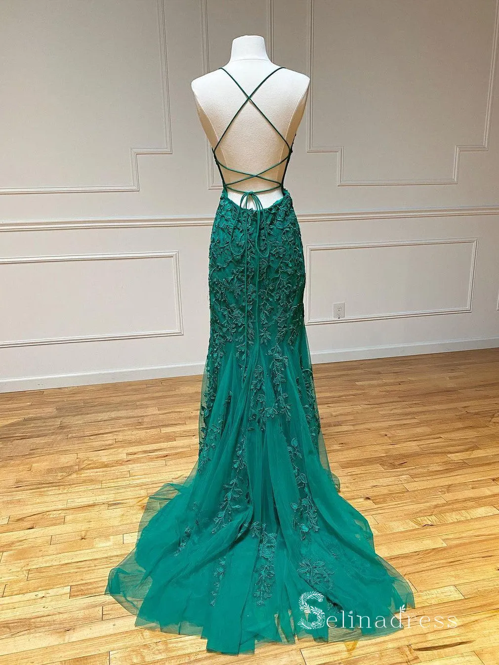 Mermaid Spaghetti Straps Prom Dresses Lilac Long Prom Dress Lace Evening Dress SED100