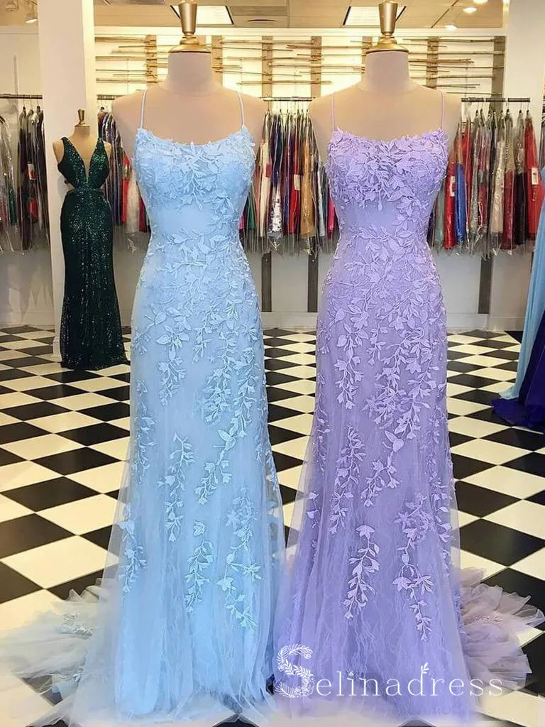 Mermaid Spaghetti Straps Prom Dresses Lilac Long Prom Dress Lace Evening Dress SED100