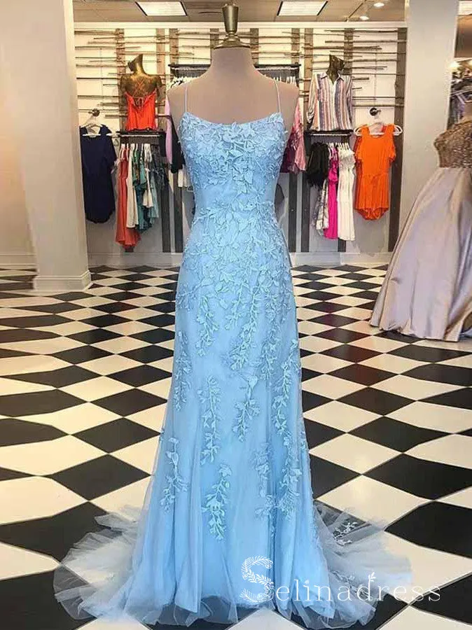 Mermaid Spaghetti Straps Prom Dresses Lilac Long Prom Dress Lace Evening Dress SED100