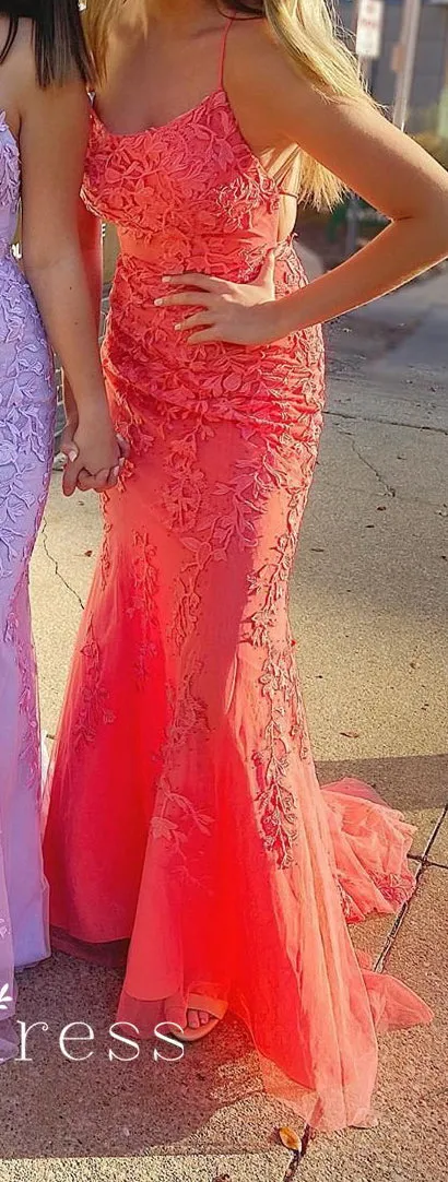 Mermaid Spaghetti Straps Prom Dresses Lilac Long Prom Dress Lace Evening Dress SED100