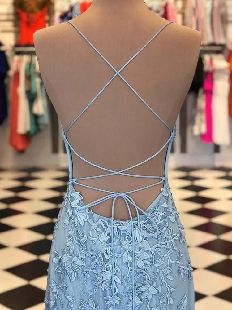 Mermaid Spaghetti Straps Prom Dresses Lilac Long Prom Dress Lace Evening Dress SED100