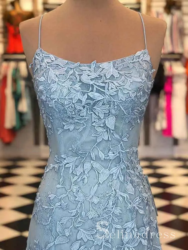 Mermaid Spaghetti Straps Prom Dresses Lilac Long Prom Dress Lace Evening Dress SED100