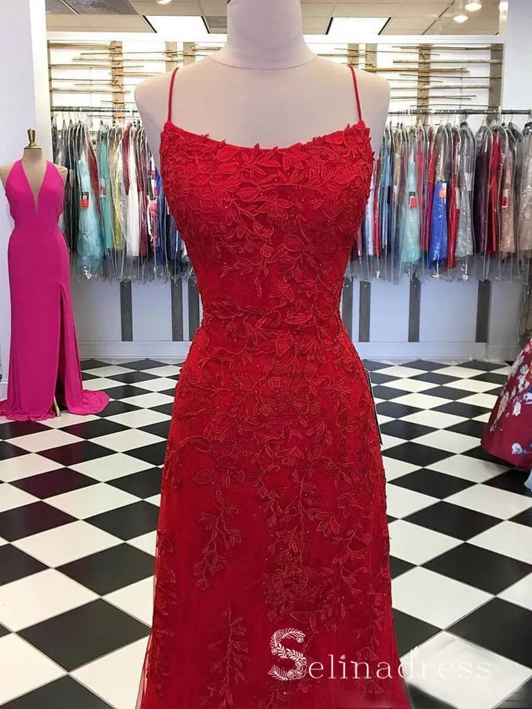 Mermaid Spaghetti Straps Prom Dresses Lilac Long Prom Dress Lace Evening Dress SED100