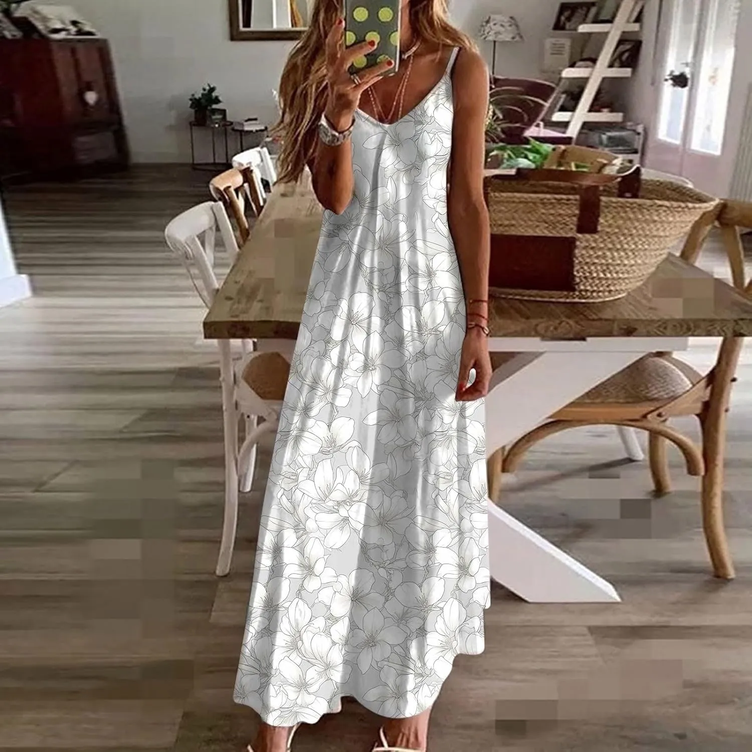 Mzkdieey Women's 2024 Summer Dress Casual Boho Floral Print Sundress Spaghetti Strap V Neck Flowy Maxi Beach Vacation Dress