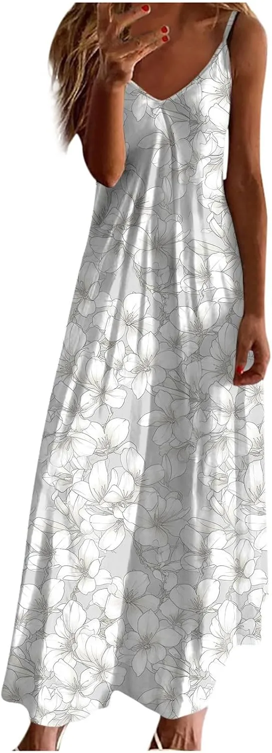 Mzkdieey Women's 2024 Summer Dress Casual Boho Floral Print Sundress Spaghetti Strap V Neck Flowy Maxi Beach Vacation Dress
