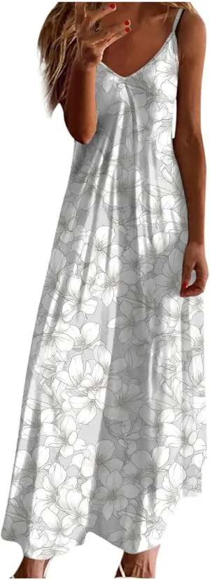 Mzkdieey Women's 2024 Summer Dress Casual Boho Floral Print Sundress Spaghetti Strap V Neck Flowy Maxi Beach Vacation Dress
