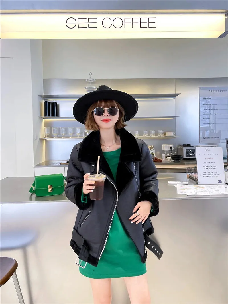 New Women Jacket with Extra Thick Warm Lamb Feather Rider Jacket with Artificial Fur