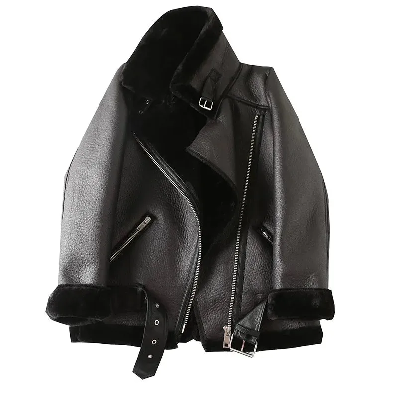 New Women Jacket with Extra Thick Warm Lamb Feather Rider Jacket with Artificial Fur