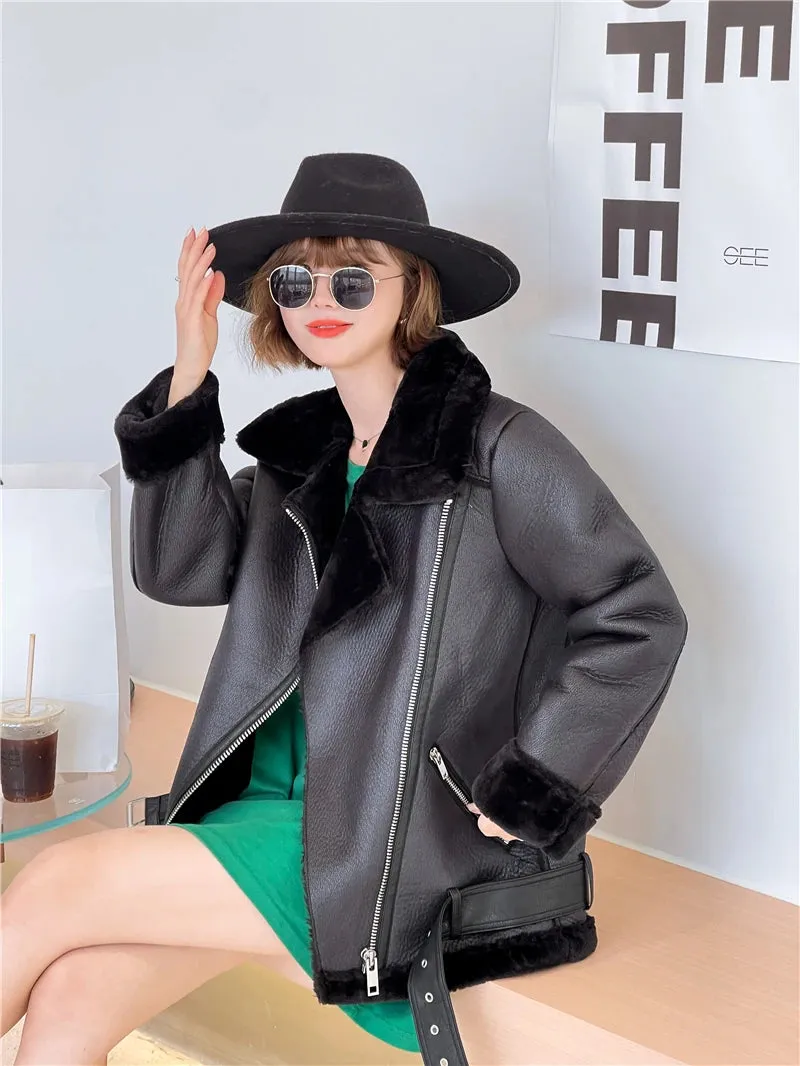 New Women Jacket with Extra Thick Warm Lamb Feather Rider Jacket with Artificial Fur