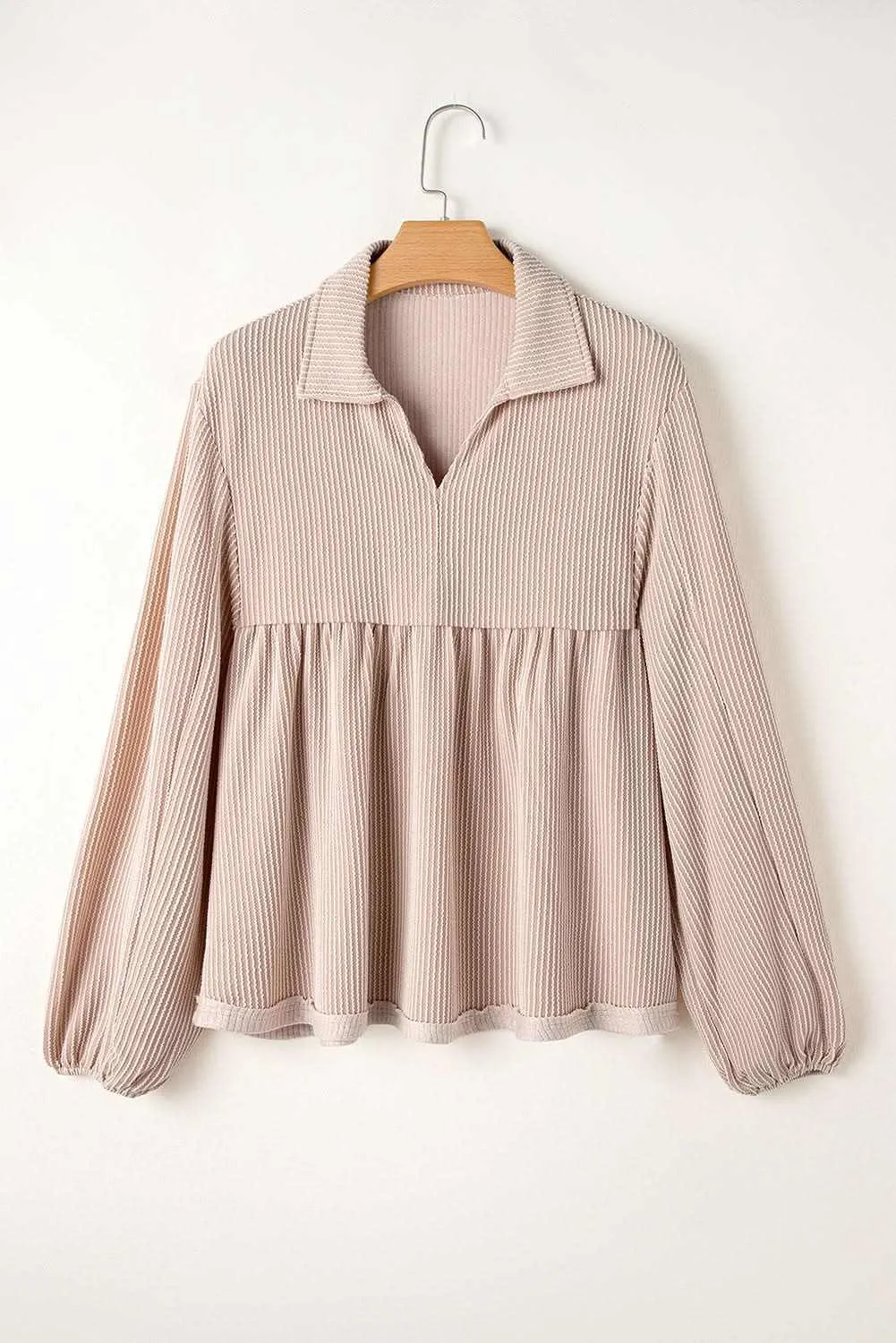 Parchment Corded Turn-down V Neck Bubble Sleeve Babydoll Blouse
