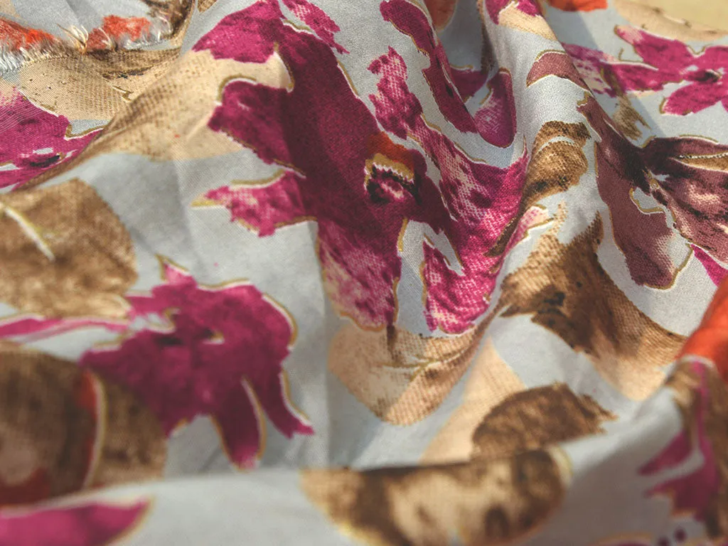 Pink & Orange Floral Premium Modal Chanderi Silk Fabric