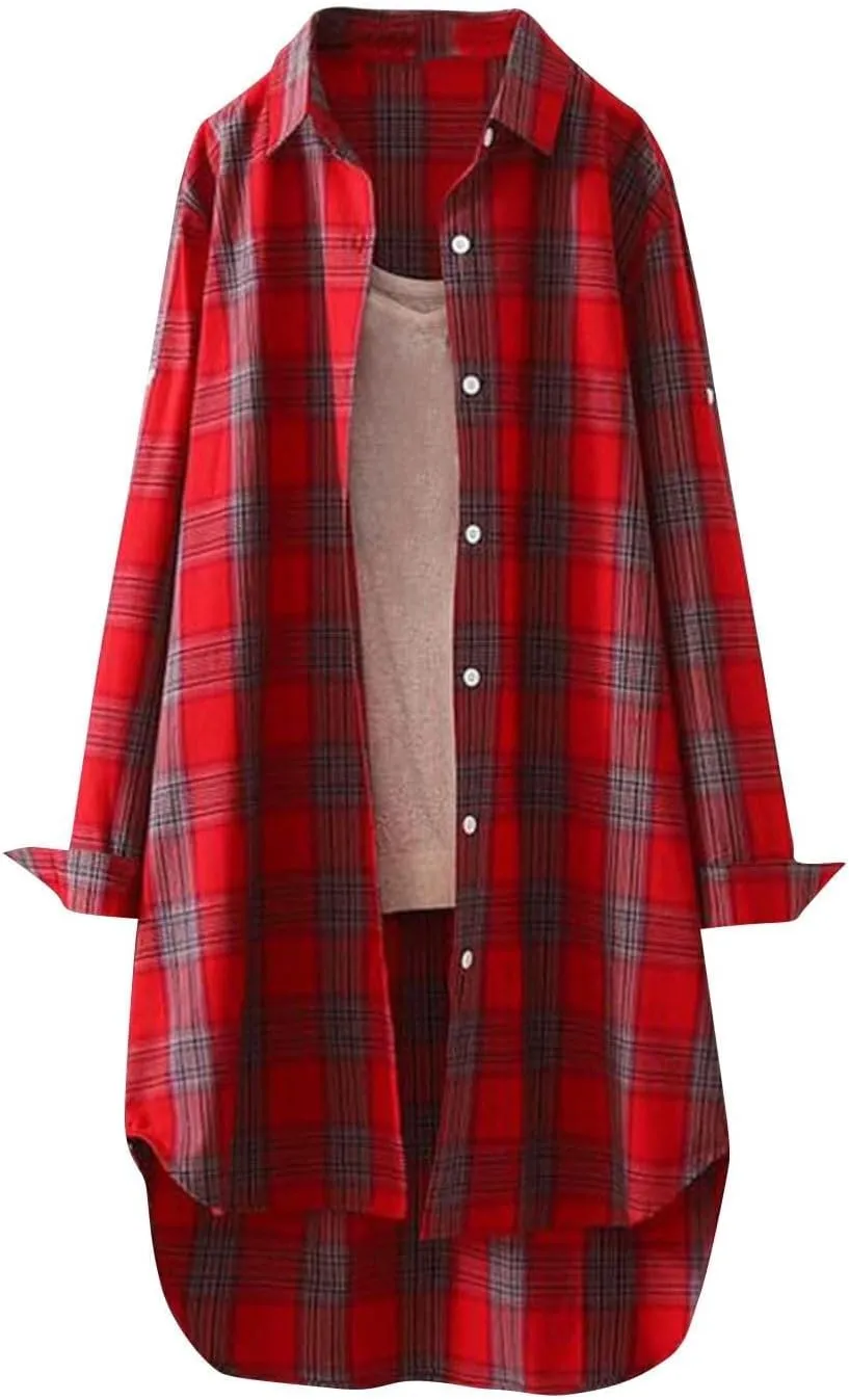 Plaid Long Shirts for Women 2025 Fashion Oversized Long Sleeve Button Up Collared Blouse Summer Casual Beach Cover Up
