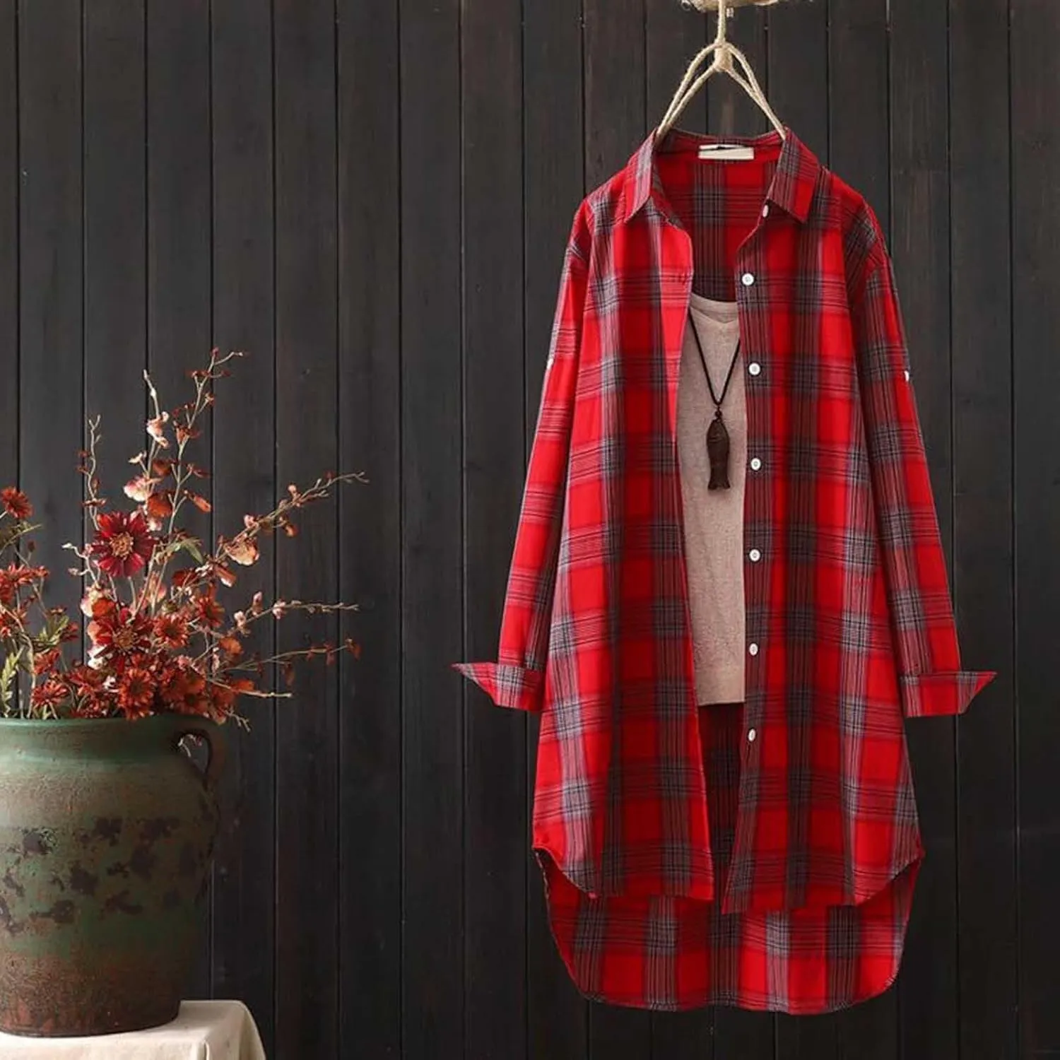 Plaid Long Shirts for Women 2025 Fashion Oversized Long Sleeve Button Up Collared Blouse Summer Casual Beach Cover Up