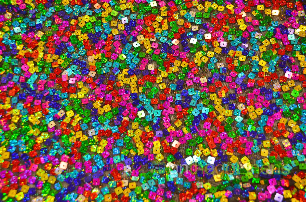 Rainbow Square Sequins Fabric by the Yard | Multi Color Sequins Fabric | 52" Wide | Holographic Square Sequins |