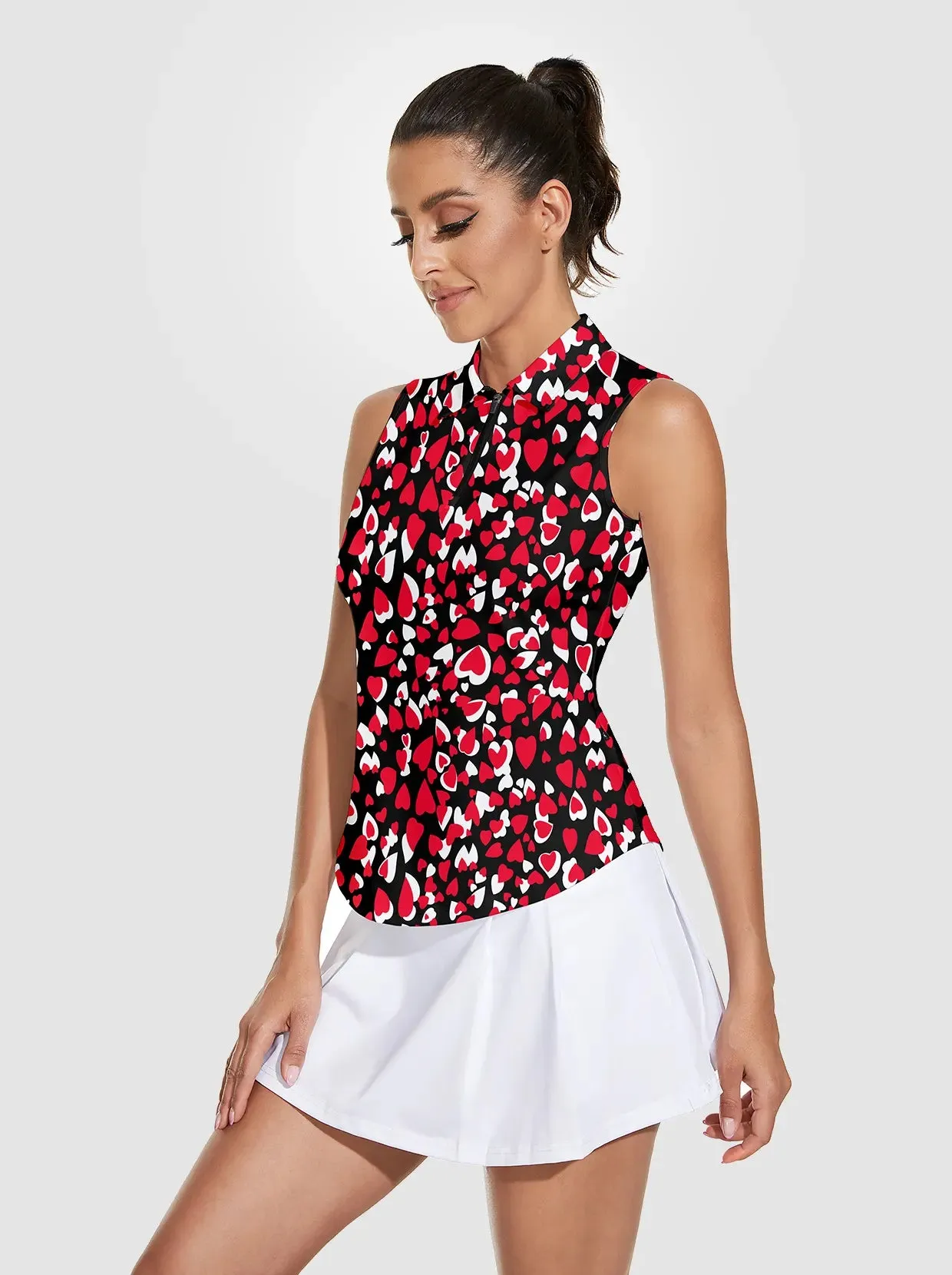 Red and White Heart Quarter-zip Sleeveless Polo Shirt For Women