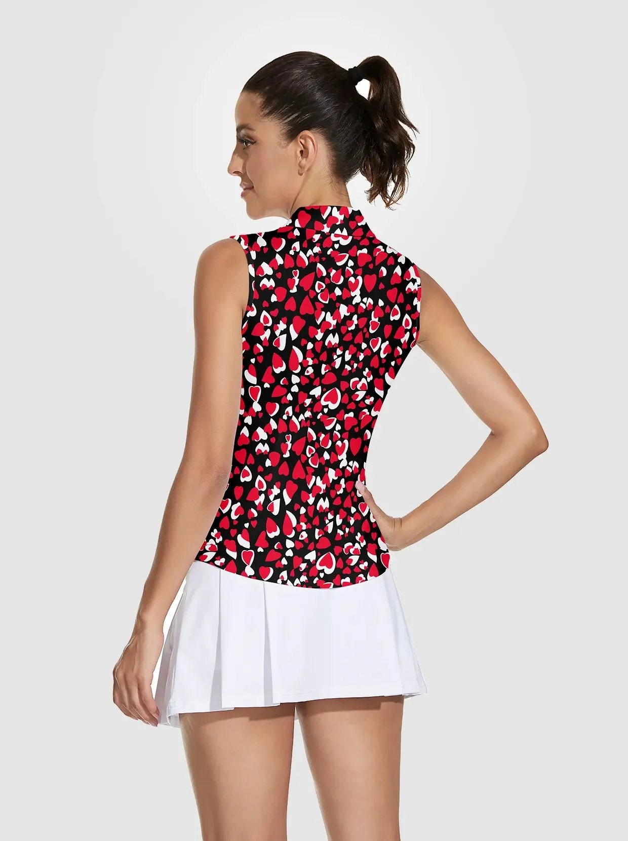 Red and White Heart Quarter-zip Sleeveless Polo Shirt For Women
