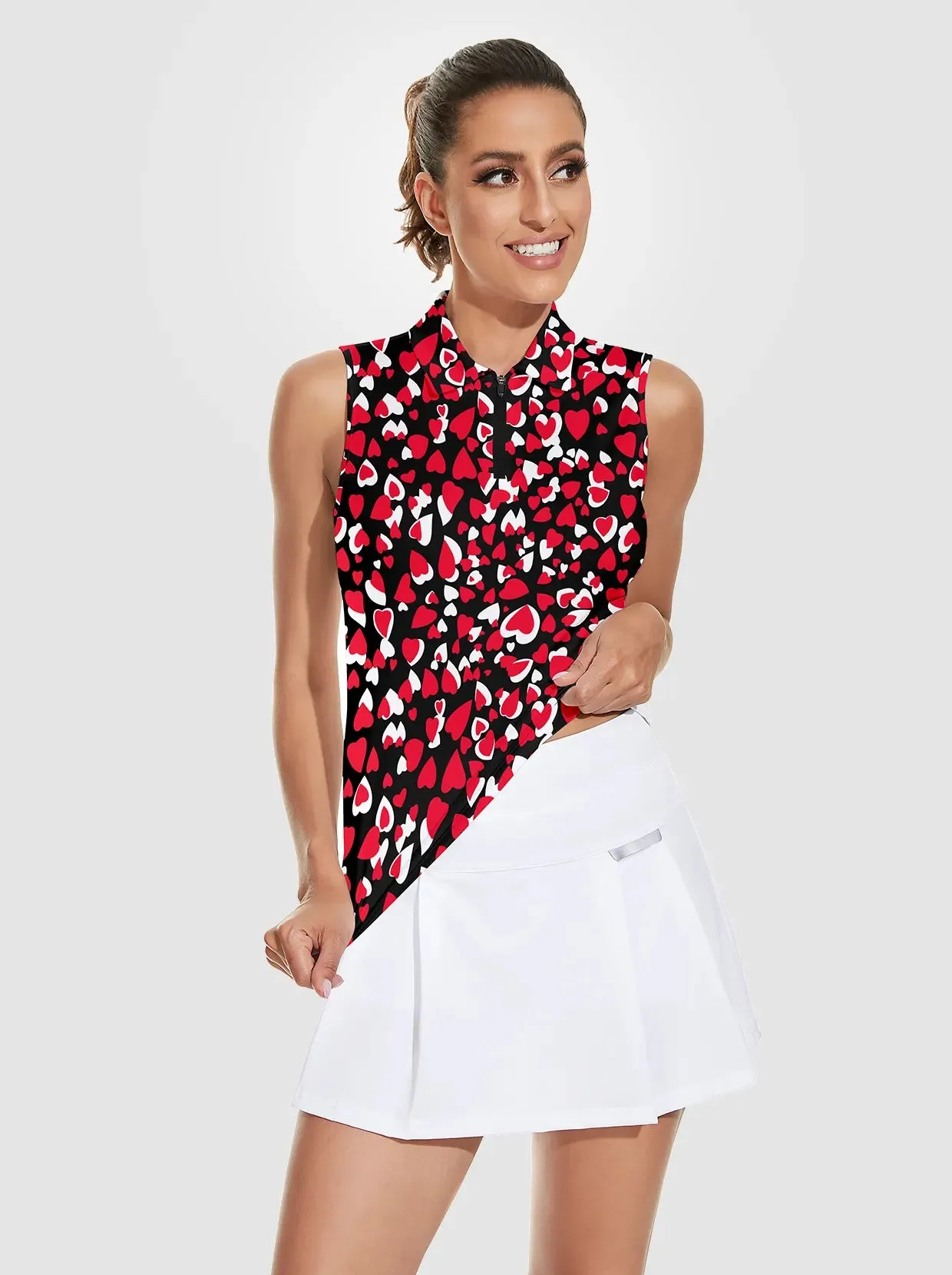 Red and White Heart Quarter-zip Sleeveless Polo Shirt For Women