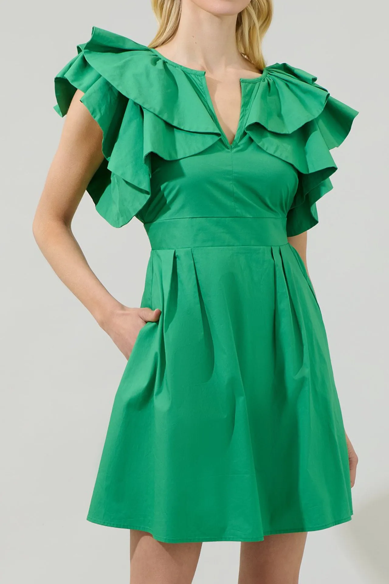 Ruffle Neck Green Dresses