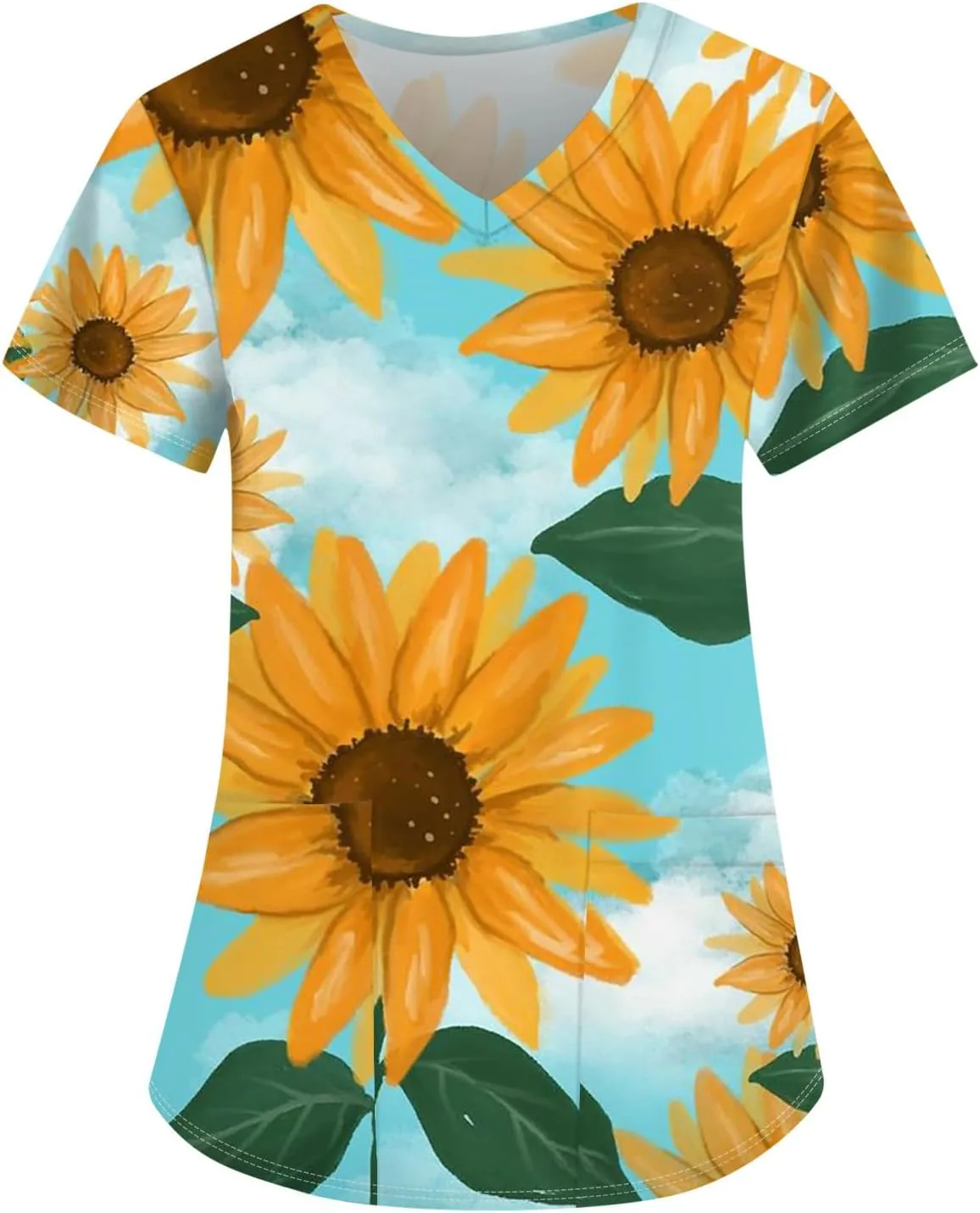 Scrubs for Women Short Sleeve V Neck Print Tops Nursing Working Uniform T-Shirts Casual Caregiver Top