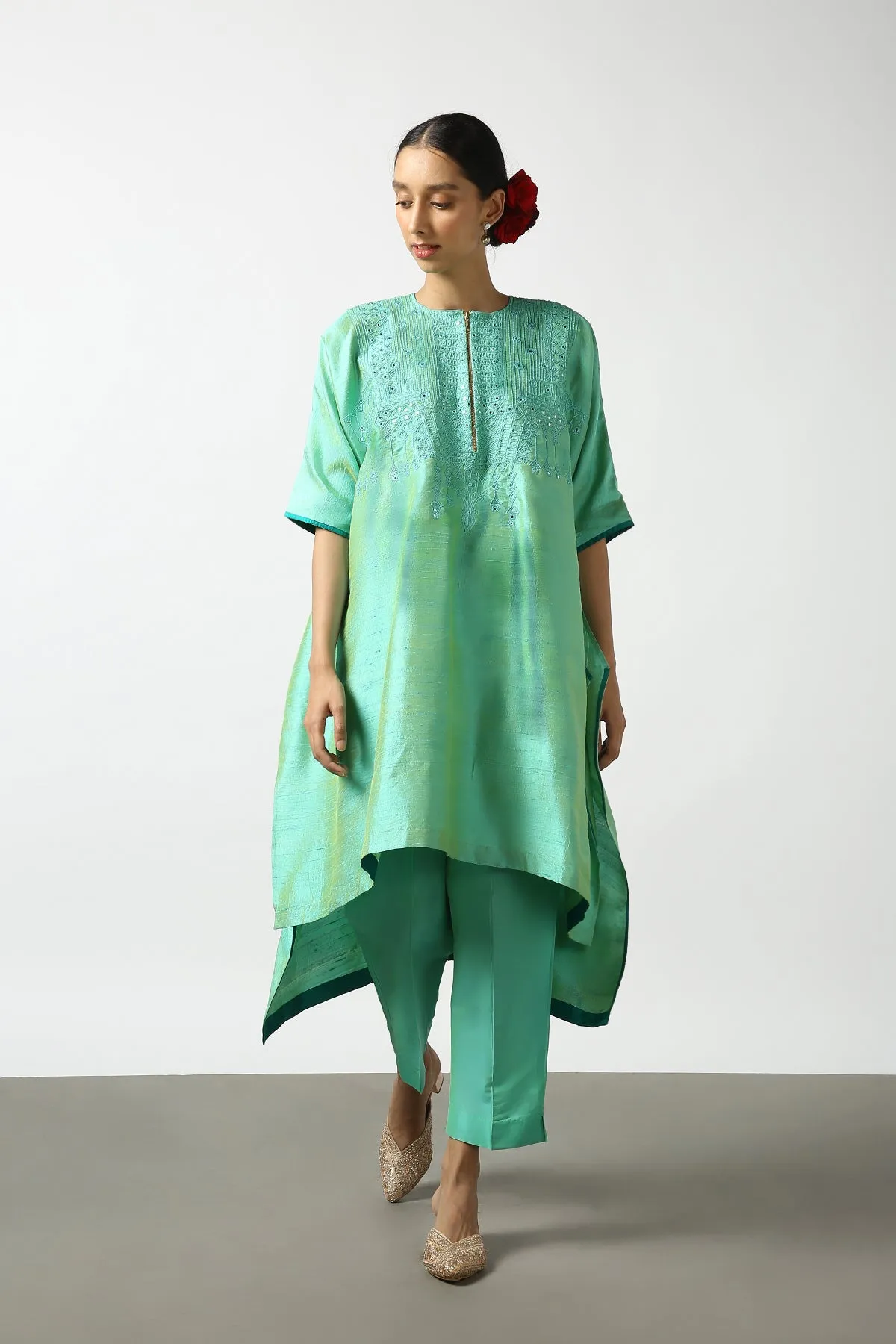 Sea Green Raw Silk Top with Mirror Work Yoke. Tussar Pant or M. Giri Pant.