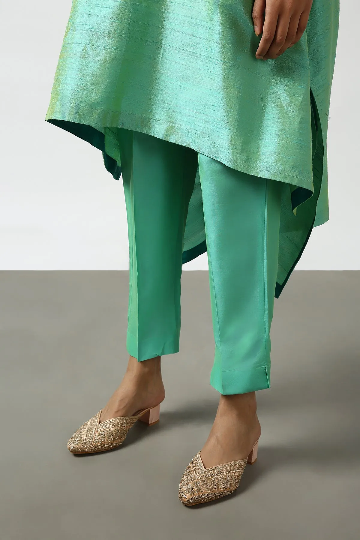 Sea Green Raw Silk Top with Mirror Work Yoke. Tussar Pant or M. Giri Pant.