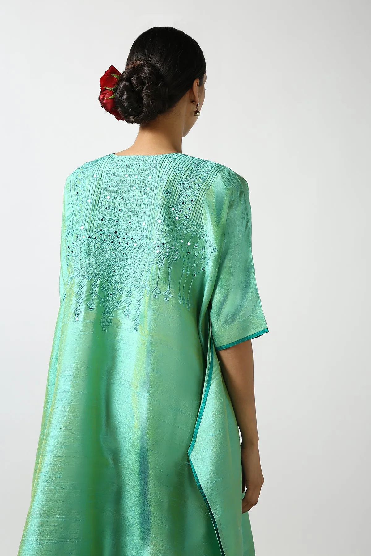 Sea Green Raw Silk Top with Mirror Work Yoke. Tussar Pant or M. Giri Pant.