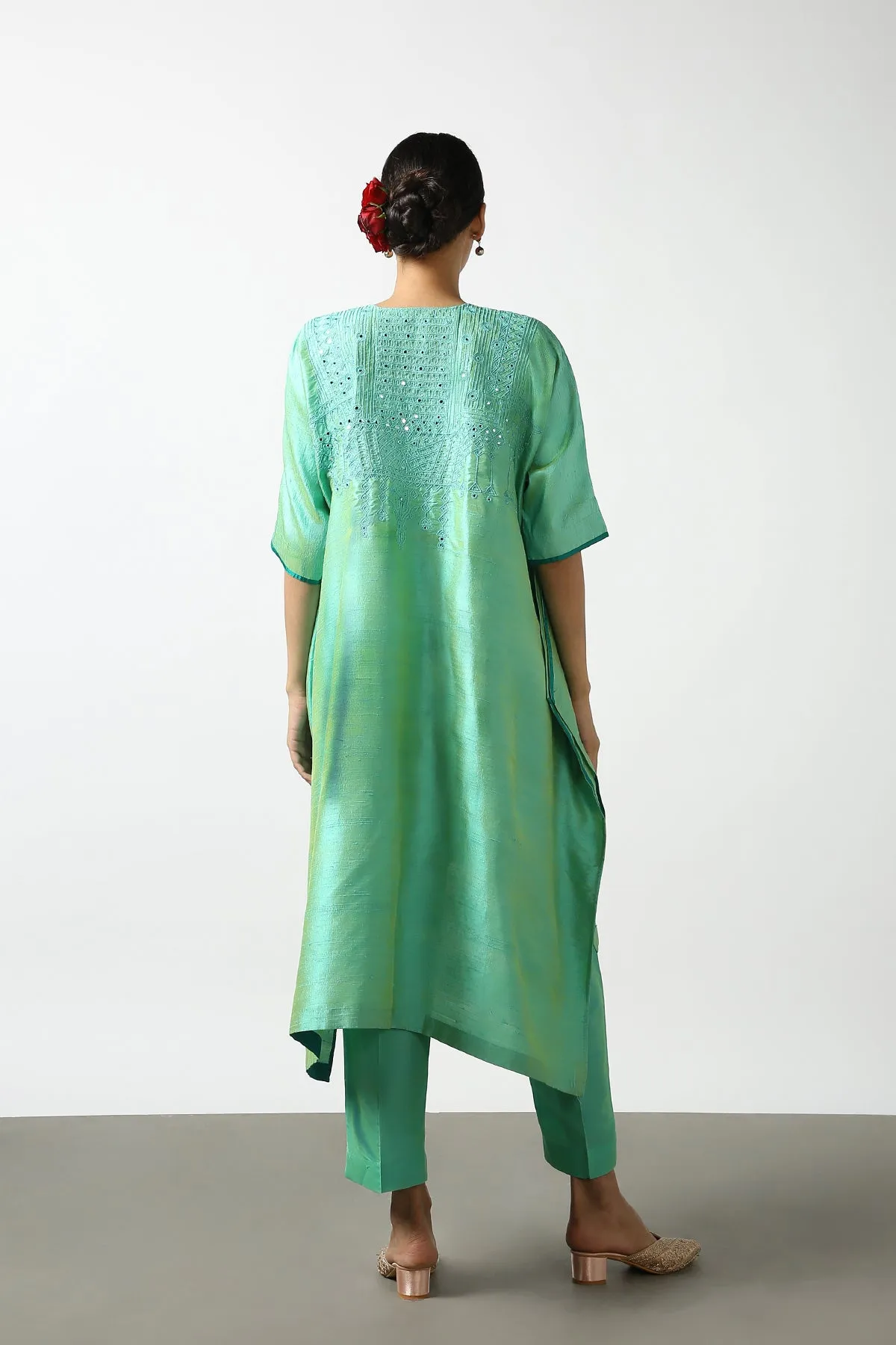 Sea Green Raw Silk Top with Mirror Work Yoke. Tussar Pant or M. Giri Pant.