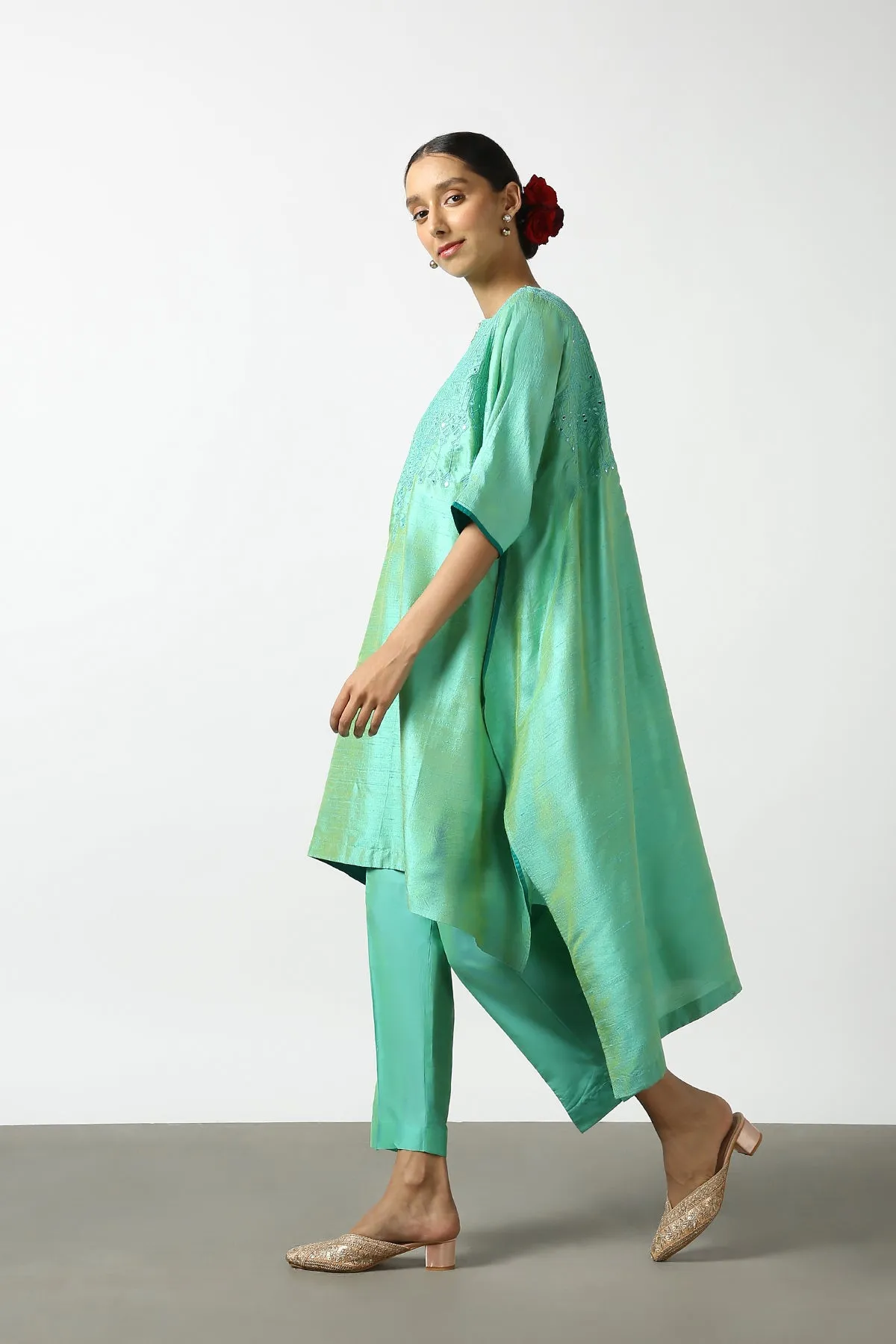 Sea Green Raw Silk Top with Mirror Work Yoke. Tussar Pant or M. Giri Pant.