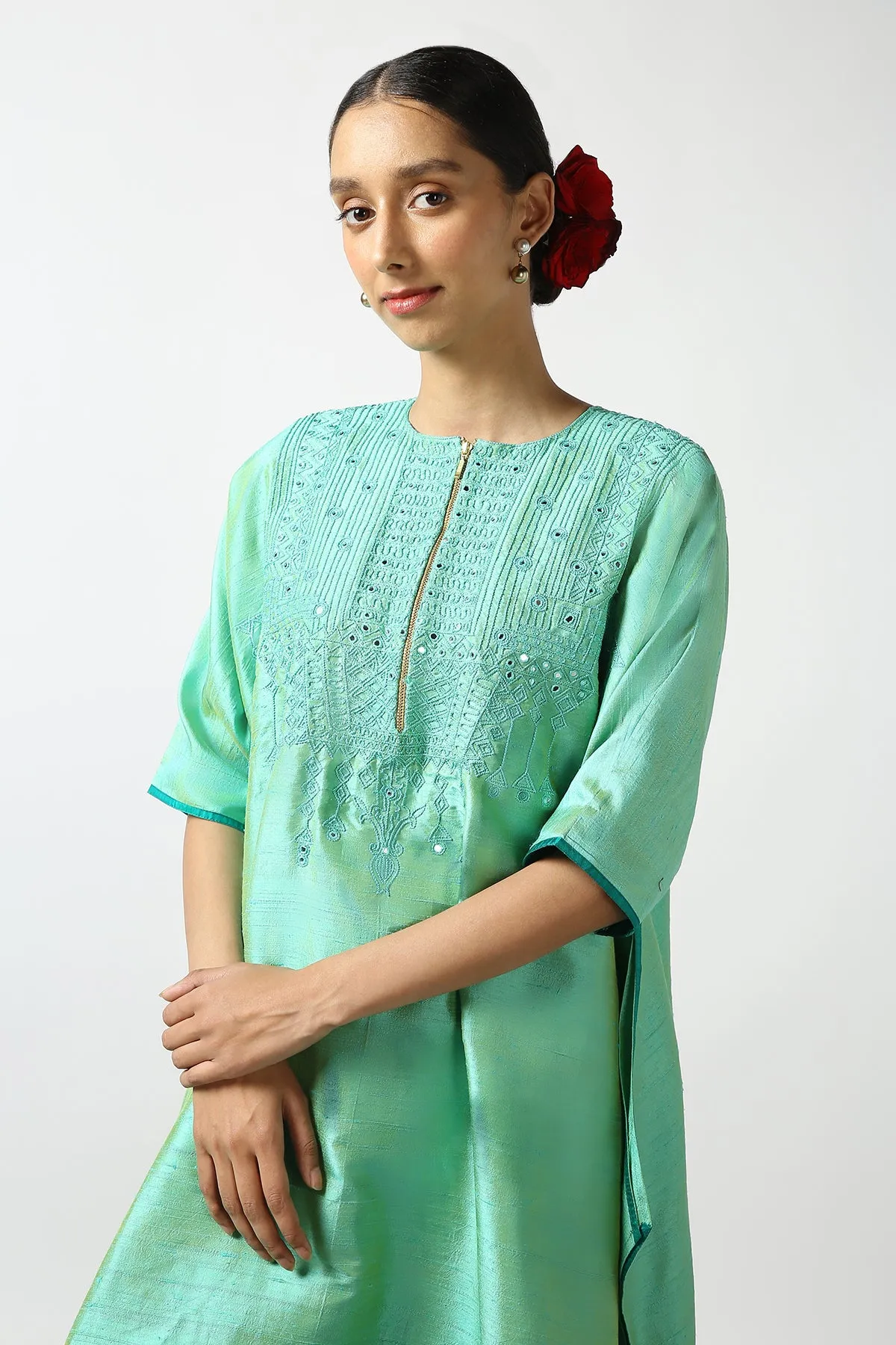 Sea Green Raw Silk Top with Mirror Work Yoke. Tussar Pant or M. Giri Pant.