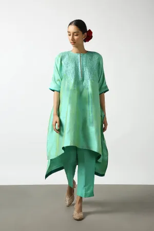 Sea Green Raw Silk Top with Mirror Work Yoke. Tussar Pant or M. Giri Pant.