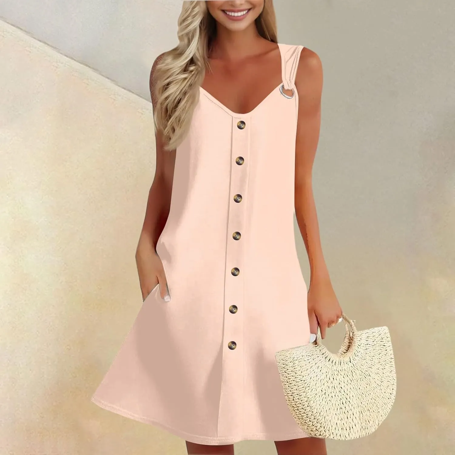 Sun Dresses for Women 2025 Summer Midi Buttons Sleeveless Dress V Neck Slip Glam Beach Tank Dress with Pocket