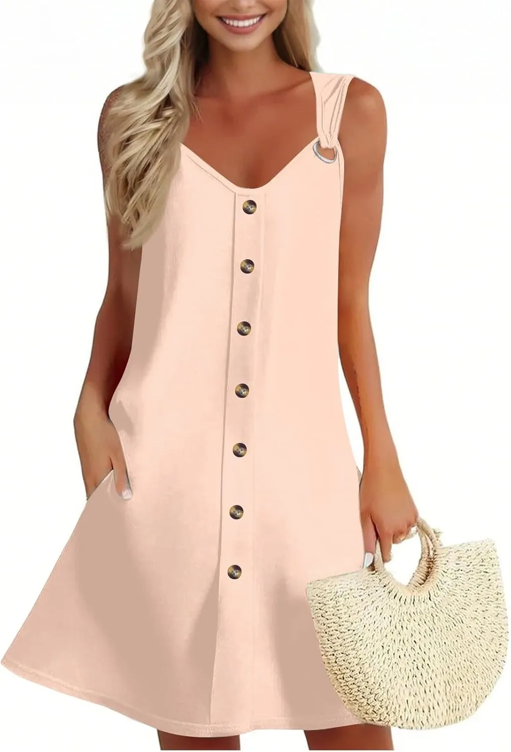 Sun Dresses for Women 2025 Summer Midi Buttons Sleeveless Dress V Neck Slip Glam Beach Tank Dress with Pocket